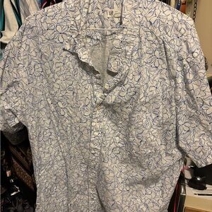 GAP Factory White Short-Sleeve Button-Down with Blue Floral Line Print